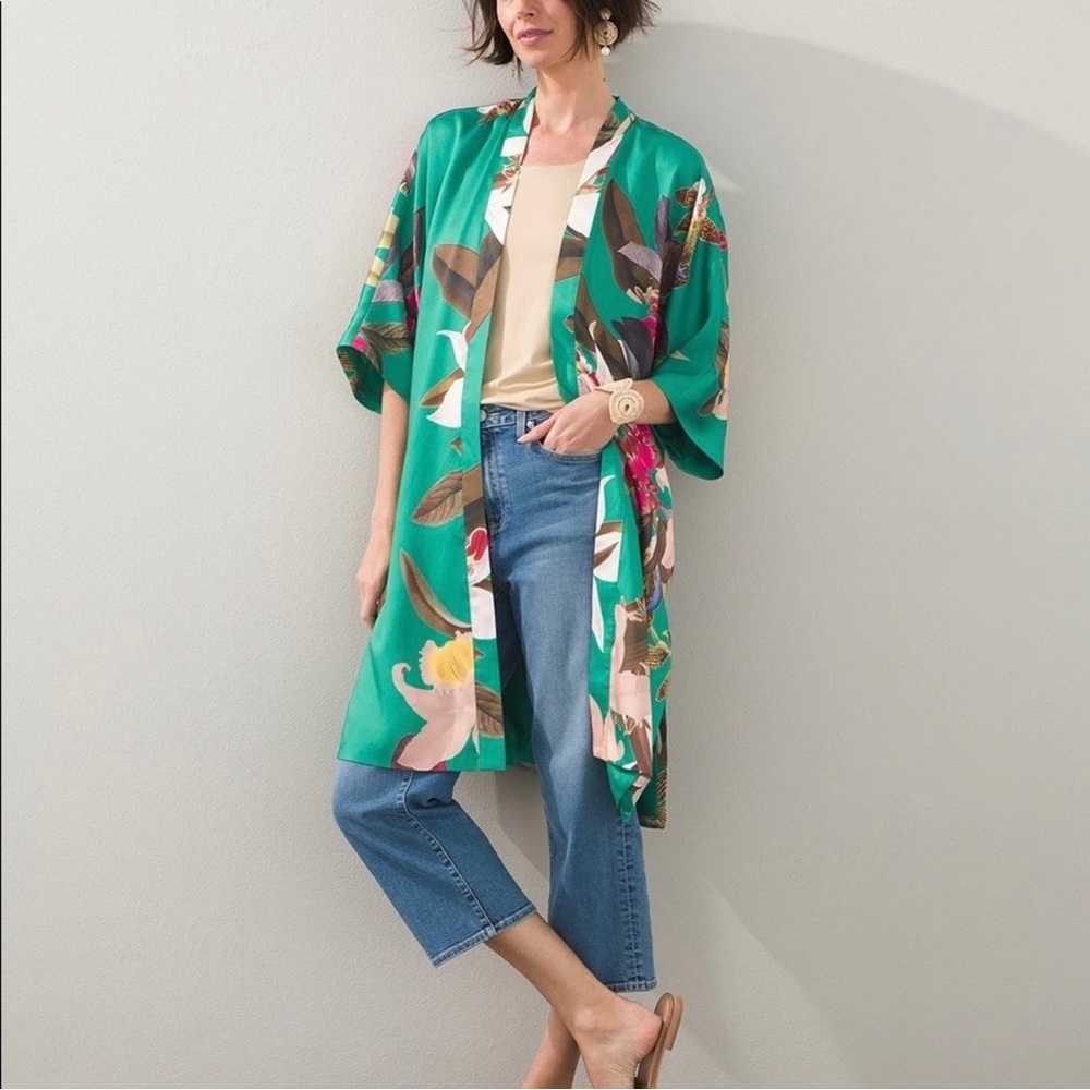 FREE SHIP TODAY Beautiful CHICOS Drama Duster Kimono" Tropical Green Print SM/M